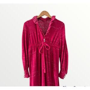 Vintage 60s High neck wool maxi dress Raspberry metallic thread Detail